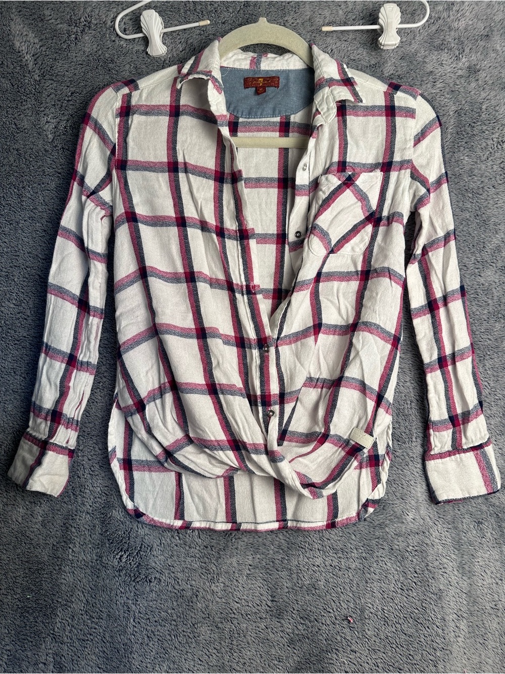 7 For All Mankind White Button-Down Shirt with Pink and Navy Plaid
